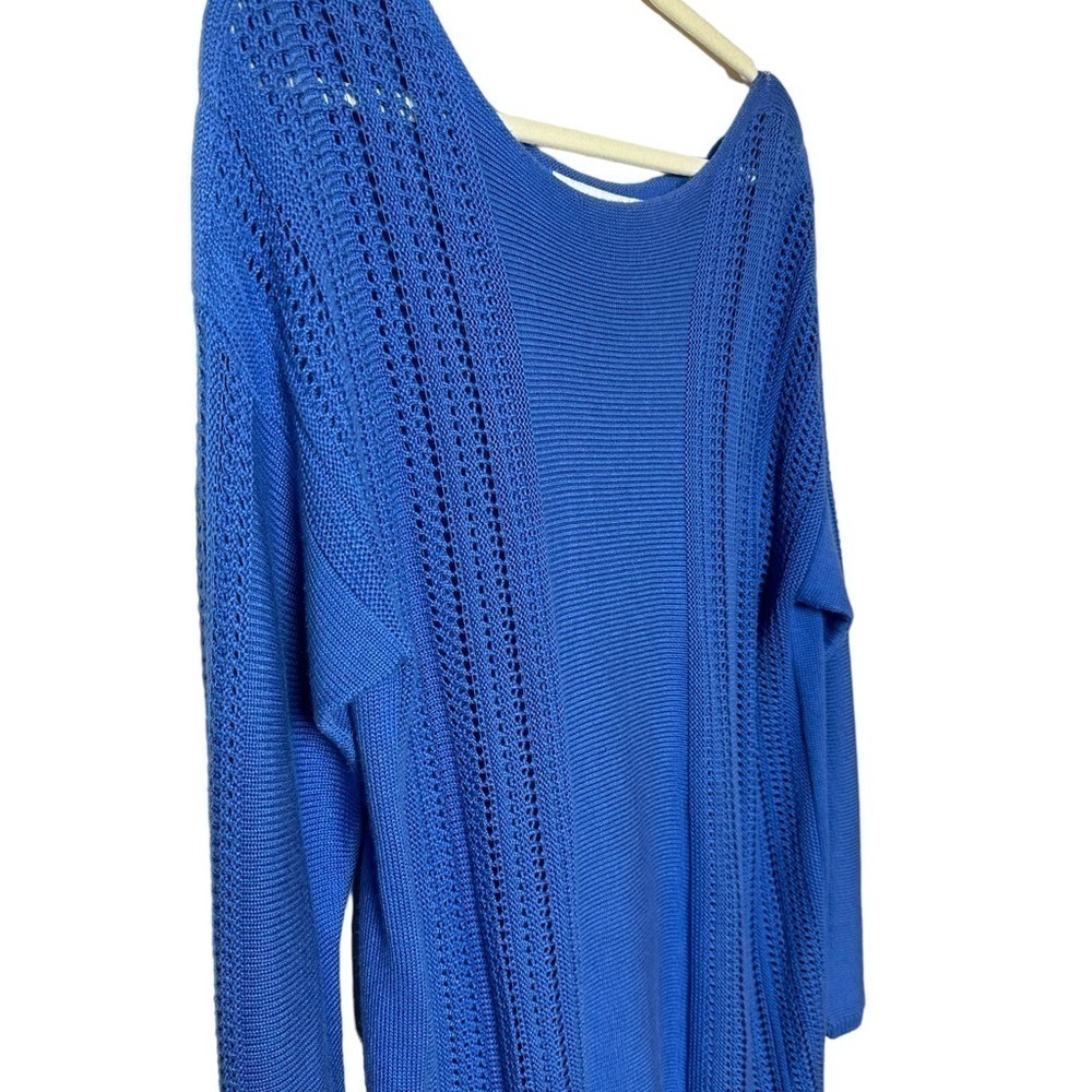 Lafayette 148 New York Blue Wide Boat Neck Crochet Mesh Knit Pullover‎ Sweater L - Picture 6 of 8